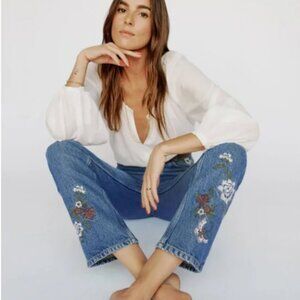 Reformation Cynthia High Rise Straight Jean in Fauna Embroidery